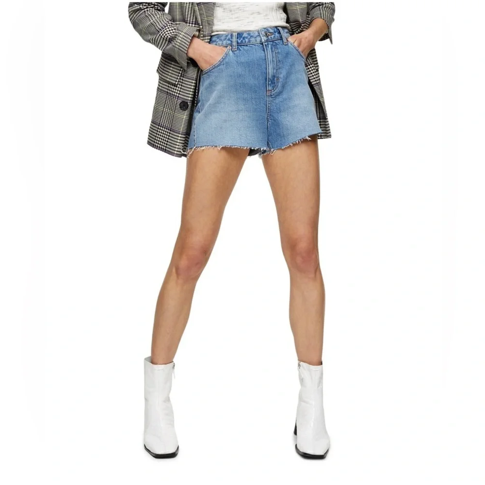 Topshop Cutoff Denim High Waisted Light Blue Raw Hem Mom Shorts - Like New!